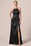 Halter Black Satin Long Formal Dress with Slit