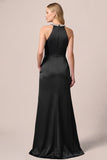 Halter Black Satin Long Formal Dress with Slit