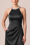 Halter Black Satin Long Formal Dress with Slit