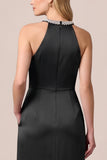 Halter Black Satin Long Formal Dress with Slit