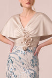 Champagne 3D Flower Sequin Mermaid Mother of the Bride Dress with Cape Sleeves