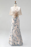 Champagne 3D Flower Sequin Mermaid Mother of the Bride Dress with Cape Sleeves