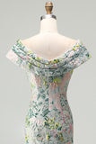 Off the Shoulder Green Sheath Jacquard Floral Maxi Dress with Slit