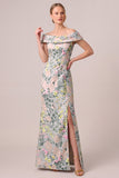 Off the Shoulder Green Sheath Jacquard Floral Maxi Dress with Slit