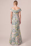 Off the Shoulder Green Sheath Jacquard Floral Maxi Dress with Slit