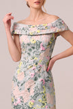 Off the Shoulder Green Sheath Jacquard Floral Maxi Dress with Slit
