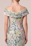 Off the Shoulder Green Sheath Jacquard Floral Maxi Dress with Slit