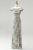Off the Shoulder Green Sheath Jacquard Floral Maxi Dress with Slit