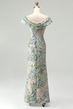 Off the Shoulder Green Sheath Jacquard Floral Maxi Dress with Slit