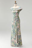 Off the Shoulder Green Sheath Jacquard Floral Maxi Dress with Slit