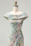 Off the Shoulder Green Sheath Jacquard Floral Maxi Dress with Slit
