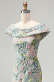 Off the Shoulder Green Sheath Jacquard Floral Maxi Dress with Slit
