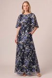 Navy Floral Embroidered A Line Mother of the Bride Dress with Cape