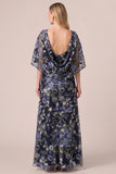 Navy Floral Embroidered A Line Mother of the Bride Dress with Cape