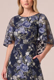 Navy Floral Embroidered A Line Mother of the Bride Dress with Cape