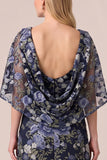 Navy Floral Embroidered A Line Mother of the Bride Dress with Cape