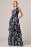 One Shoulder Navy Floral Embroidered A Line Wedding Guest Dress with Sash
