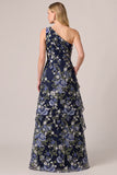 One Shoulder Navy Floral Embroidered A Line Wedding Guest Dress with Sash