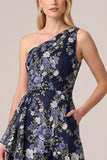 One Shoulder Navy Floral Embroidered A Line Wedding Guest Dress with Sash
