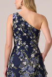 One Shoulder Navy Floral Embroidered A Line Wedding Guest Dress with Sash