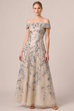 Champagne Off the Shoulder Sequin A Line Maxi Wedding Guest Dress