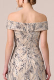 Champagne Off the Shoulder Sequin A Line Maxi Wedding Guest Dress