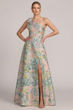 One Shoulder Green A Line Jacquard Floral Maxi Dress with Slit