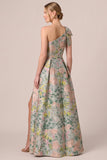One Shoulder Green A Line Jacquard Floral Maxi Dress with Slit