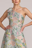 One Shoulder Green A Line Jacquard Floral Maxi Dress with Slit