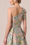 One Shoulder Green A Line Jacquard Floral Maxi Dress with Slit