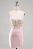 Pink Bodycon Applique Sequin Corset Short Homecoming Dress with Slit