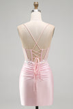 Pink Bodycon Applique Sequin Corset Short Homecoming Dress with Slit