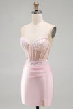 Pink Bodycon Applique Sequin Corset Short Homecoming Dress with Slit