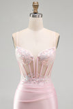 Pink Bodycon Applique Sequin Corset Short Homecoming Dress with Slit
