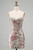 Floral Pink Strapless Jacquard Corset Bodycon Homecoming Dress