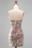 Floral Pink Strapless Jacquard Corset Bodycon Homecoming Dress