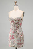 Floral Pink Strapless Jacquard Corset Bodycon Homecoming Dress