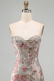 Floral Pink Strapless Jacquard Corset Bodycon Homecoming Dress