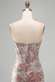 Floral Pink Strapless Jacquard Corset Bodycon Homecoming Dress