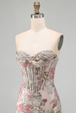 Floral Pink Strapless Jacquard Corset Bodycon Homecoming Dress