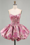 Cute Red Flower Jacquard A Line Corset Strapless Homecoming Dress