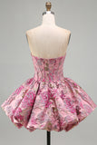 Cute Red Flower Jacquard A Line Corset Strapless Homecoming Dress