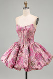 Cute Red Flower Jacquard A Line Corset Strapless Homecoming Dress