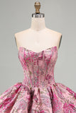 Cute Red Flower Jacquard A Line Corset Strapless Homecoming Dress