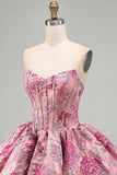 Cute Red Flower Jacquard A Line Corset Strapless Homecoming Dress
