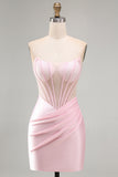 Strapless Beaded Corset Bodycon Satin Pink Homecoming Dress