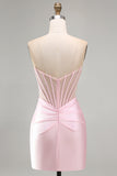 Strapless Beaded Corset Bodycon Satin Pink Homecoming Dress