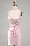 Strapless Beaded Corset Bodycon Satin Pink Homecoming Dress