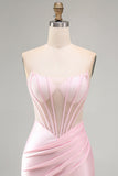 Strapless Beaded Corset Bodycon Satin Pink Homecoming Dress