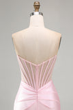 Strapless Beaded Corset Bodycon Satin Pink Homecoming Dress